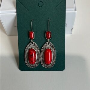 Red Stone Drop Earrings with Silver Filigree